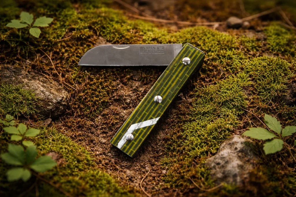 Le Paladru Alpin manche en ski vert foncé / blanc posé sur de la mousse en forêt