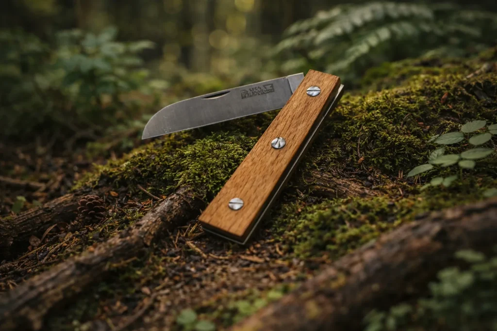 Le Paladru Alpin manche en bois clair plié, posé sur de la mousse avec forêt en fond