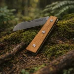 Le Paladru Alpin manche en bois clair plié, posé sur de la mousse avec forêt en fond