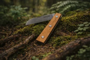 Le Paladru Alpin manche en bois clair plié, posé sur de la mousse avec forêt en fond