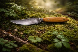Le Furieux manche en bois clair posé sur de la mousse en forêt
