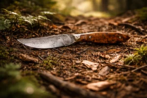 Le Furieux manche en bois foncé posé sur le sol avec forêt en fond