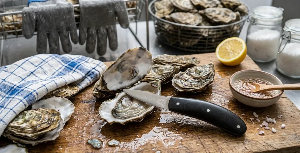 L'Écaill'Art posé sur une huître ouverte avec citron et bol d'ail