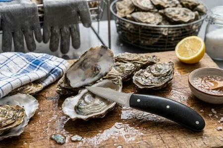 L'Écaill'Art posé sur une huître ouverte avec citron et bol d'ail
