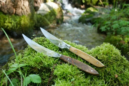 Deux couteaux le furieux posé sur de la mousse avec ruisseau en fond