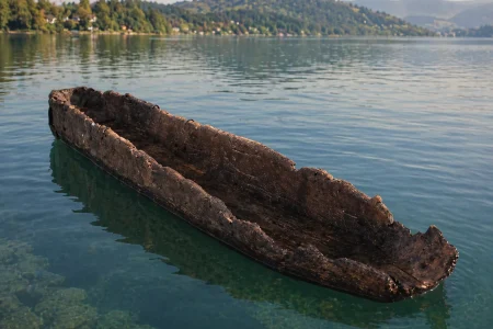 Pirogue Paladru datant du moyen âge flottant sur le lac de paladru avec plaines en fond